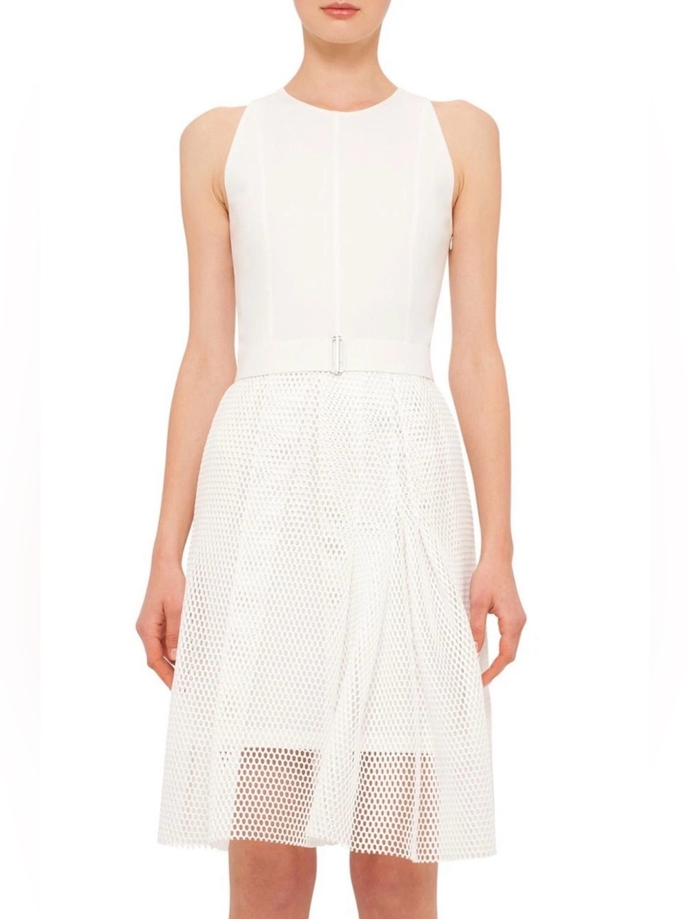 Akris Punto White Fit & Flare Keyhole Back Mesh Overlay Belted Dress Size US 12